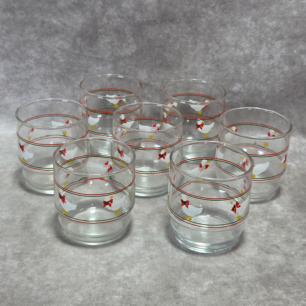 Vtg Goose Christmas Glasses Set of 7 White Red Bows Stackable 8oz Tumblers Rocks